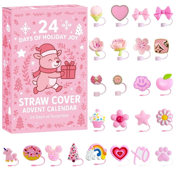 Advent Calendar 2025-24 Days of 10mm Straw Toppers for 30Oz & 40Oz Tumblers, Christmas Countdown Gifts