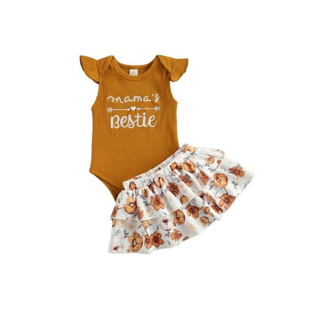 

Kuriozud Baby Girls Letter Fly Sleeve Romper Flower A-line Skirt Set