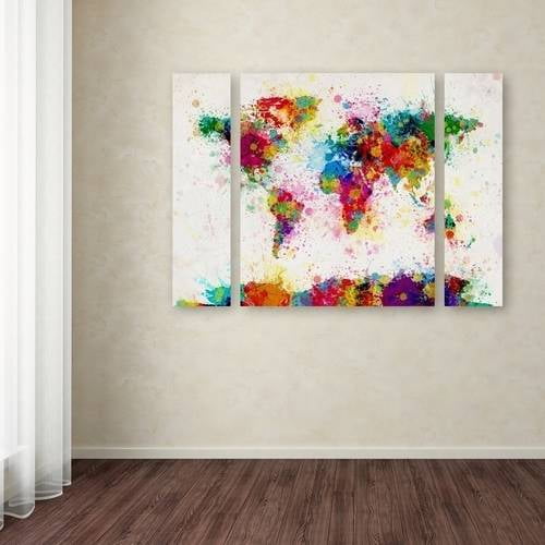 Trademark Fine Art "Paint Splashes World Map" Canvas Art by Michael Tompsett Three Panel Set