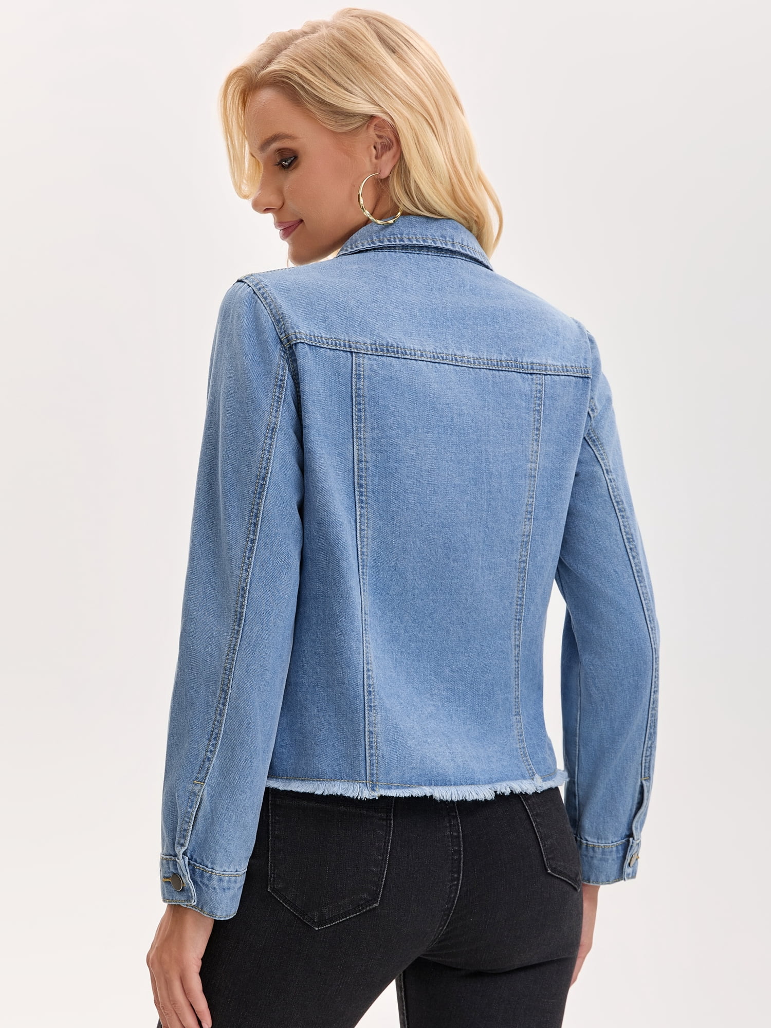 DARING DIVA Women's Long Sleeve Lightweight Frayed Hem Jean Shacket S Blue