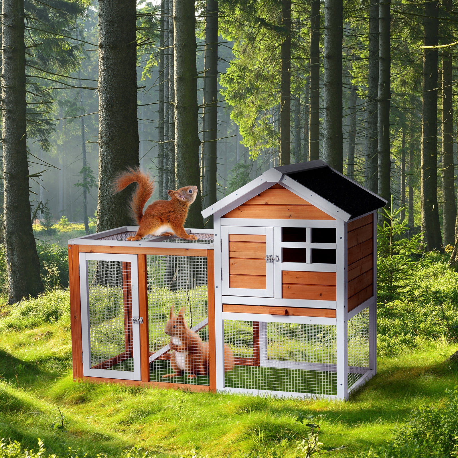 ZHICHUN Wooden Rabbit Hutch with Run Indoor Outdoor Bunny Cage Guinea Pig House with Pull Out Tray Orange
