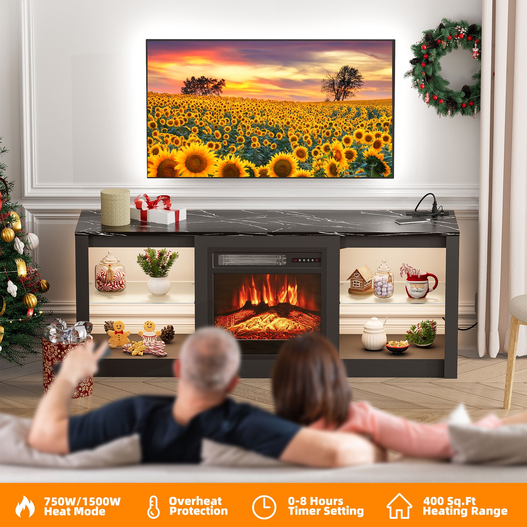 BREEZEHEAT 58-Inch Electric Fireplace TV Stand with 18-Inch Fireplace, Modern Entertainment Center, Black