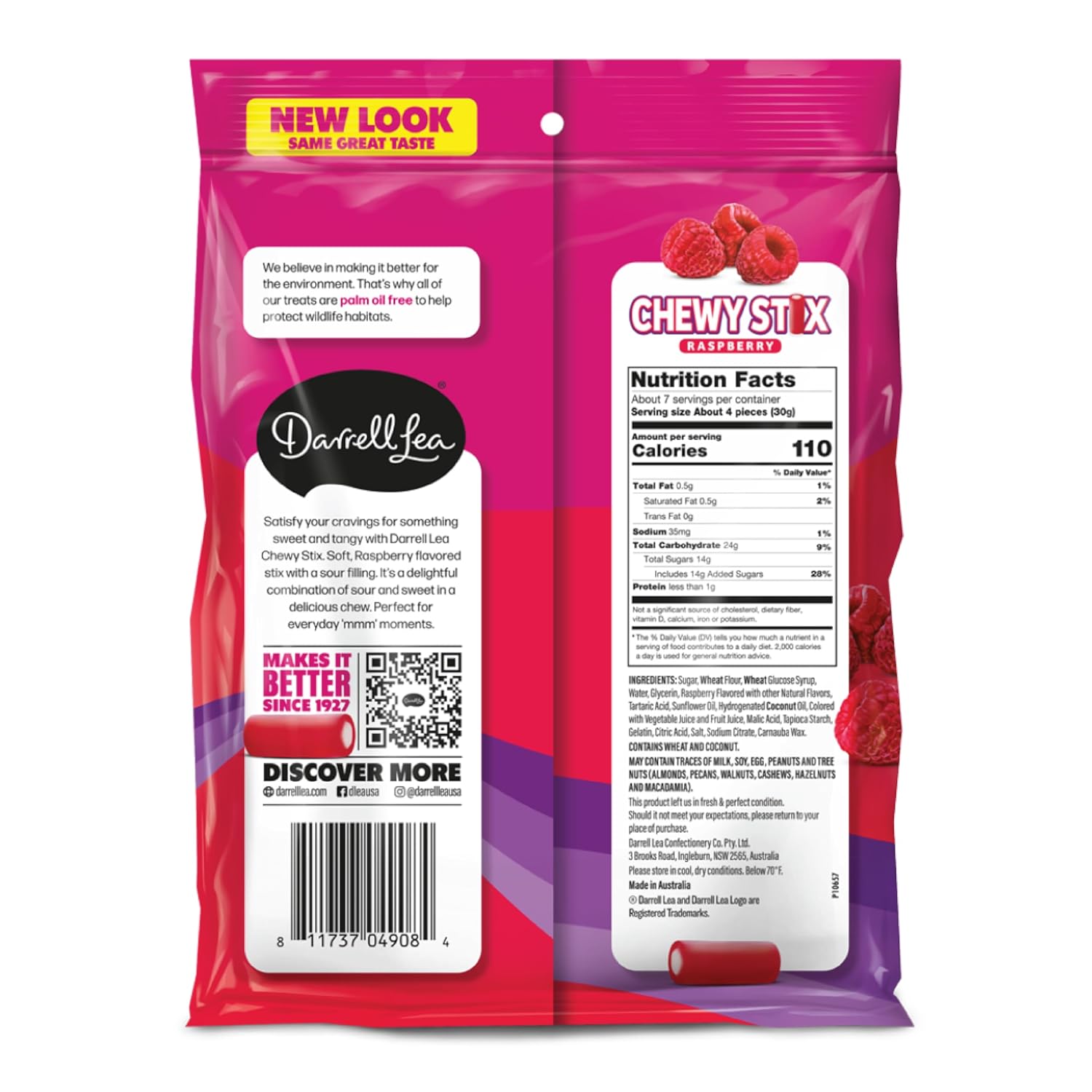 Darrell Lea Fabulicious Raspberry Sour Candy Stix, 7 Ounce (Pack of 8) | Soft and Tangy, No Artificial Flavors, Palm Oil Free, Made in Australia, Shareable