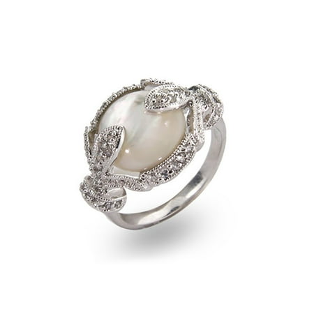 Mother Pearl Flower Ring - Vintage Sterling Silver Deco Style Mother of Pearl Ring