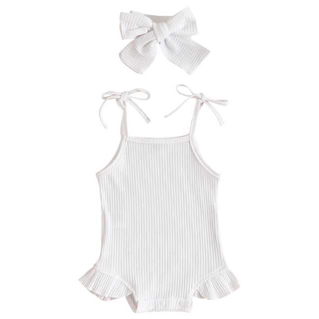 Infant Baby Girls Sleeveless Solid Color Ribbed Ruffles Romper Bodysuits With Headbands Outfits For Kids Vêtements Pour Enfants Size 9-12 Months