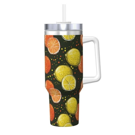 

Goofa Orange Lemon Print 40oz Ice Bully With Handle And Straw Stainless Steel Vacuum Insulated Cup And 2 In 1 Straw Lid