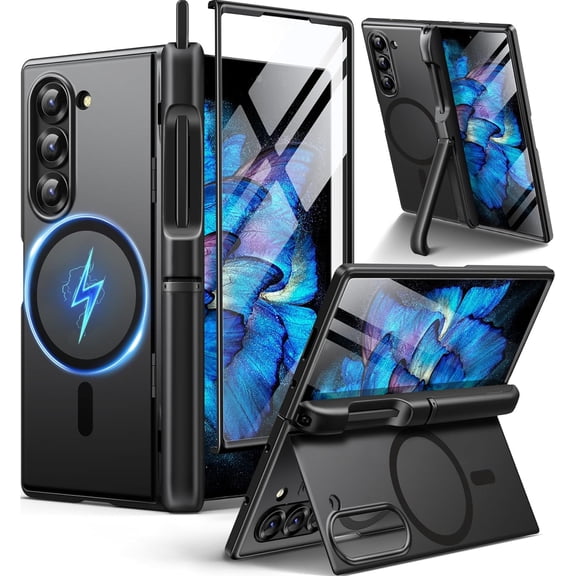 Magnetic Armor Stand for Samsung Galaxy Z Fold 6 with Screen Protector, Built-in S Pen Holder & 2 Invisible Kickstands, [Compatible with MagSafe] Full-Body Shockproof Case for Z Fold 6, Black