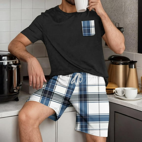 Pajama Sets for Men Set Crew Neck Short Sleeve Lightweight Shirts Short Pants Sets Men Stripe Casual Home Sleepwear Summer Leisure Loungewear 2pcs Sets