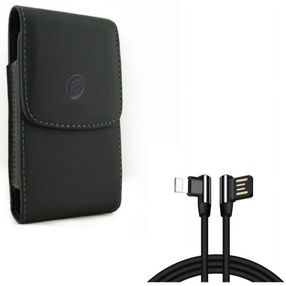 6ft Angle USB Cable w Leather Case Belt Clip for iPhone XS X 8 7 6S 6 - Charger Cord Power Wire Sync 90 Degree Right Angle, Holster Cover Pouch Vertical Carry Protective