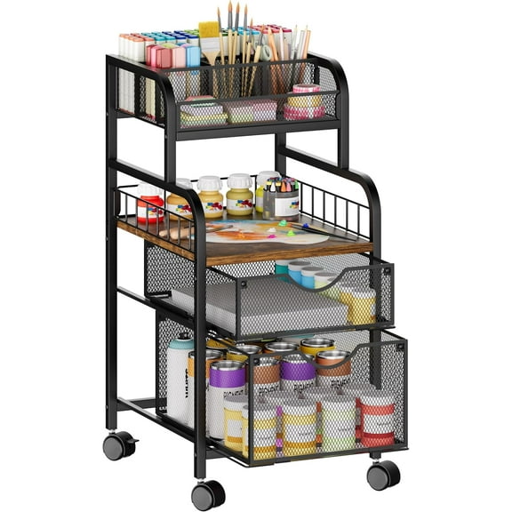 Rolling Cart with Drawers - Metal Utility Cart with Wood Shelf, DIY Divider and Locking Wheels, Craft & Art Cart Organizer for Under Desk Storage for Home Office Studio, Black