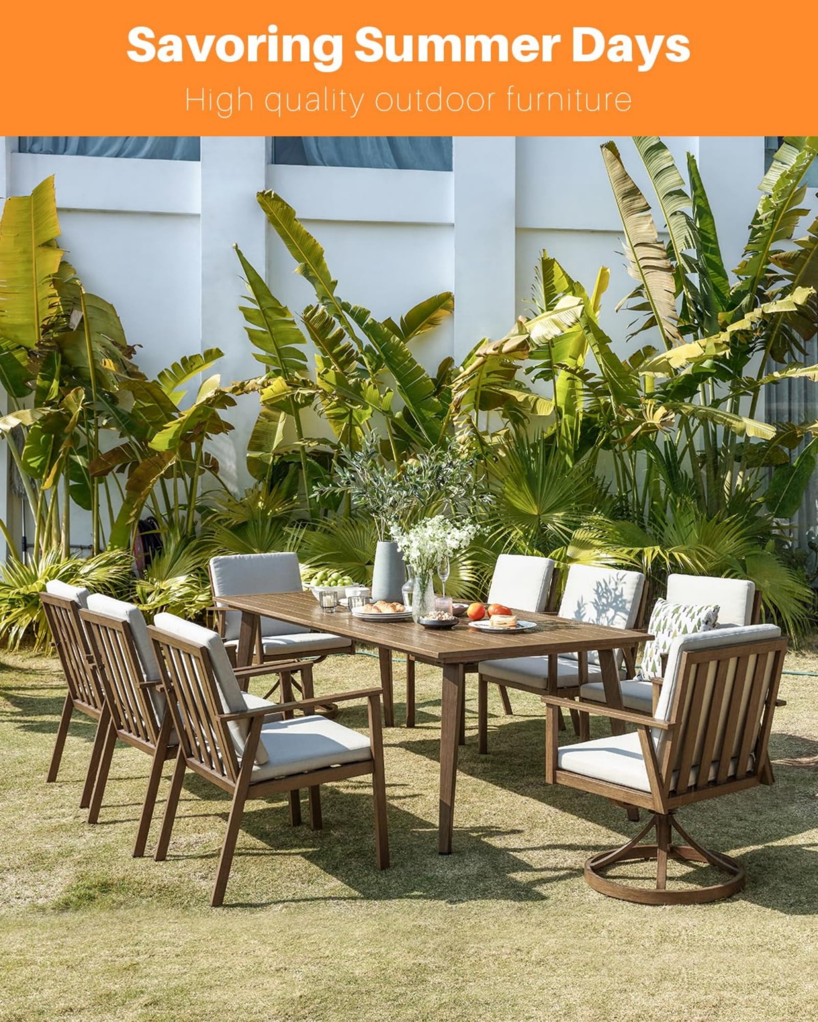 Outdoor Patio Dining Table for 8, Aluminum Outdoor Dining Table with Umbrella Hole, All Weather Patio Table for Garden, Deck, Porch, Lawn, Backyard Furniture, Brown