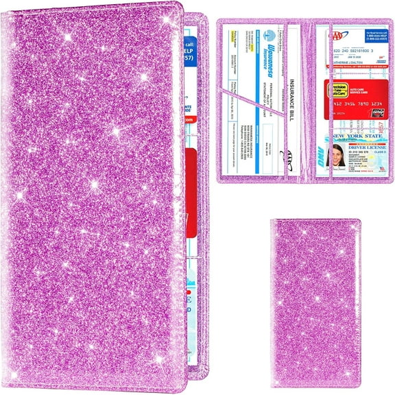 Car Registration and Insurance Card Holder, Vehicle License Document Glove Box Compartment Organizer, Interior Car Accessories for Women Men Teens (Glitter Purple)