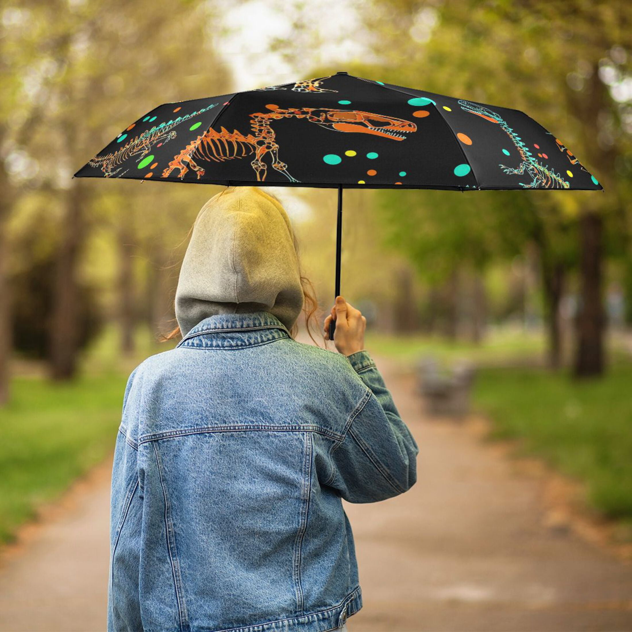 ALAZA Cartoon Dinosaur UPF 50+ Compact Folding Umbrella for Rain Travel Umbrella Packable