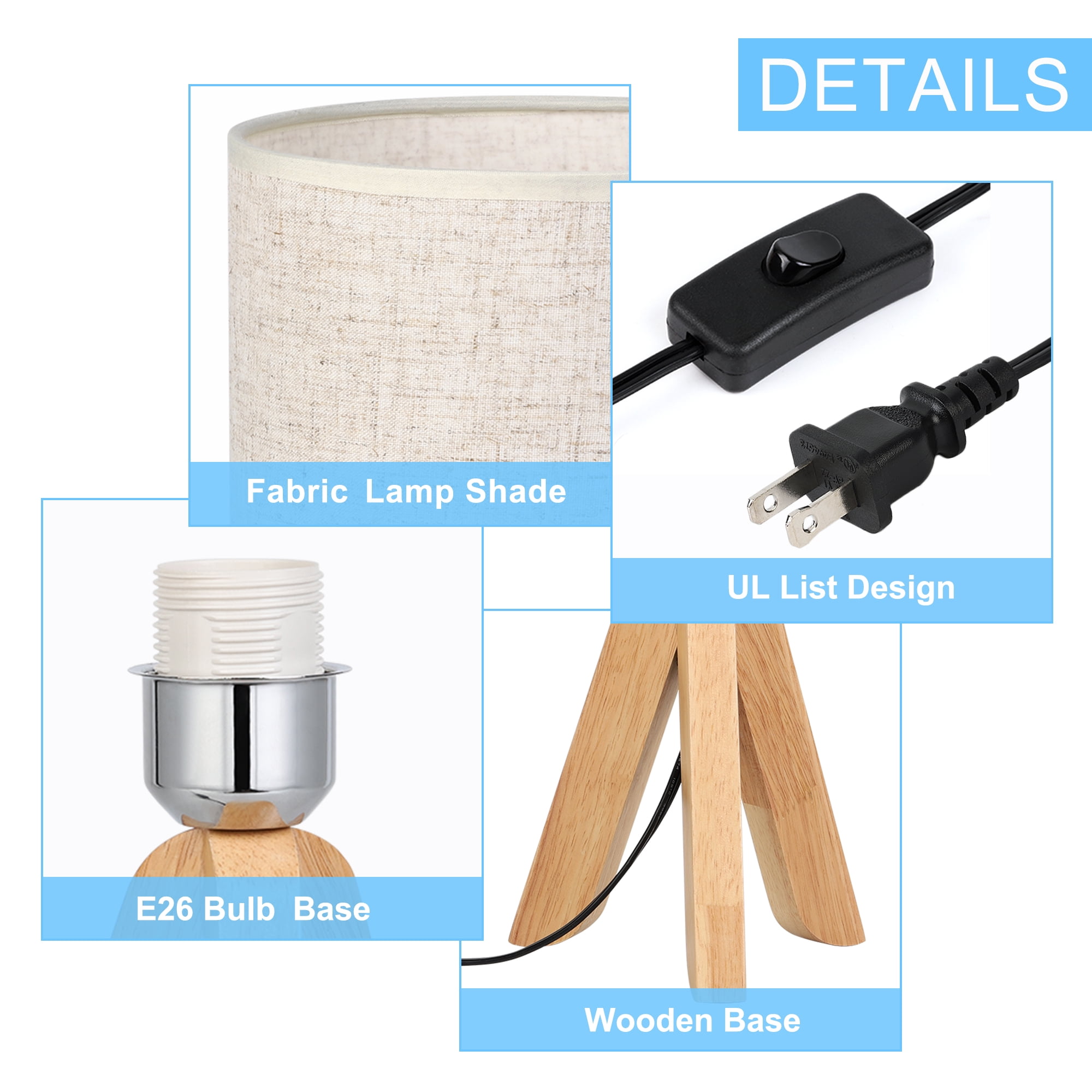 Haitral Small Bedside Table Lamp Wooden Tripod Nightstand Lamp with Fabric Linen Shade