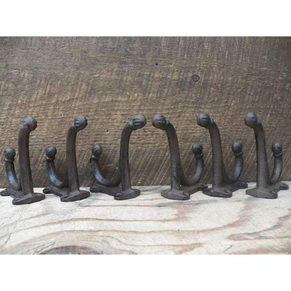 Set of 6 Antique Style Cast Iron Double Rustic School Coat Hook Wall Mount