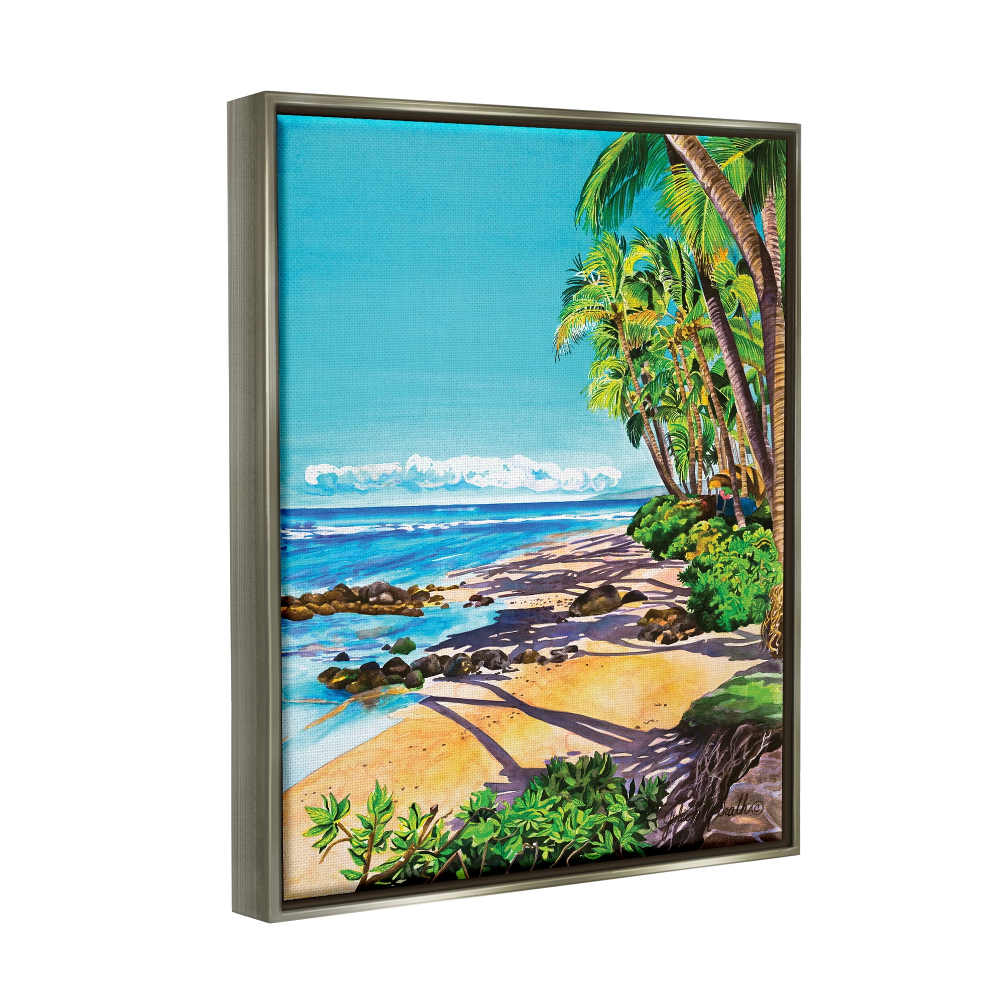 Stupell Industries Tropical Shore Landscape Nature Painting Gray Floater Framed Art Print Wall Art, 17 x 21