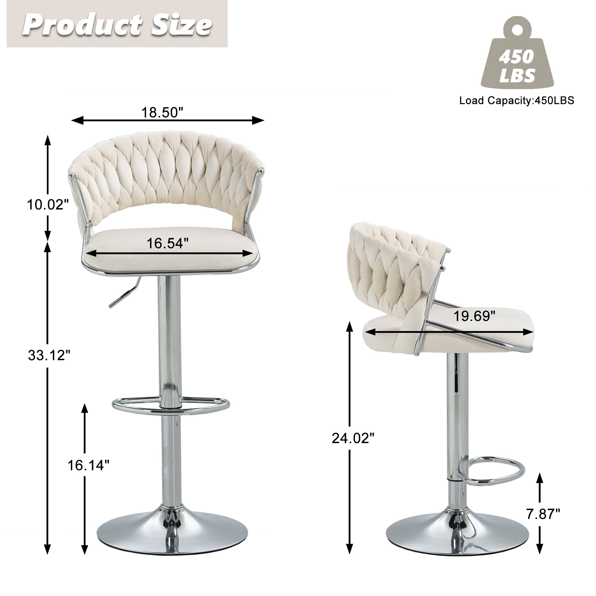 UIXE Ivory Bar Stools Set of 2 Modern High Back Swivel Barstool for Kitchen Counter Square Island, Velvet