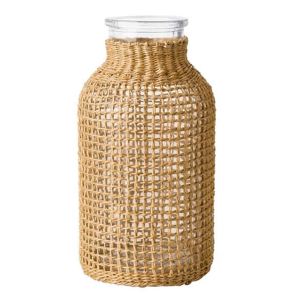 PARMPH Decorative Glass Vase with Rattan Cover, Vintage Small Vases for Flower Wide Vase Floral Container for Dry Faux Flower Arrangements Home Office Indoor Desk Decor (Small-8cm*17cm*5.5cm)