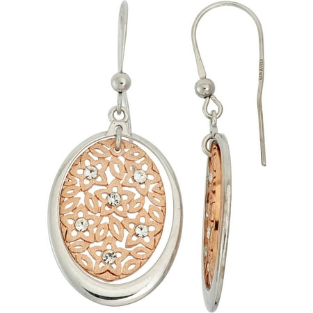 Giuliano Mameli Crystal Accent 14kt Rose Gold-Plated Sterling Silver Matte-Finished Oval Star Pattern White Polished Frame Drop Earrings