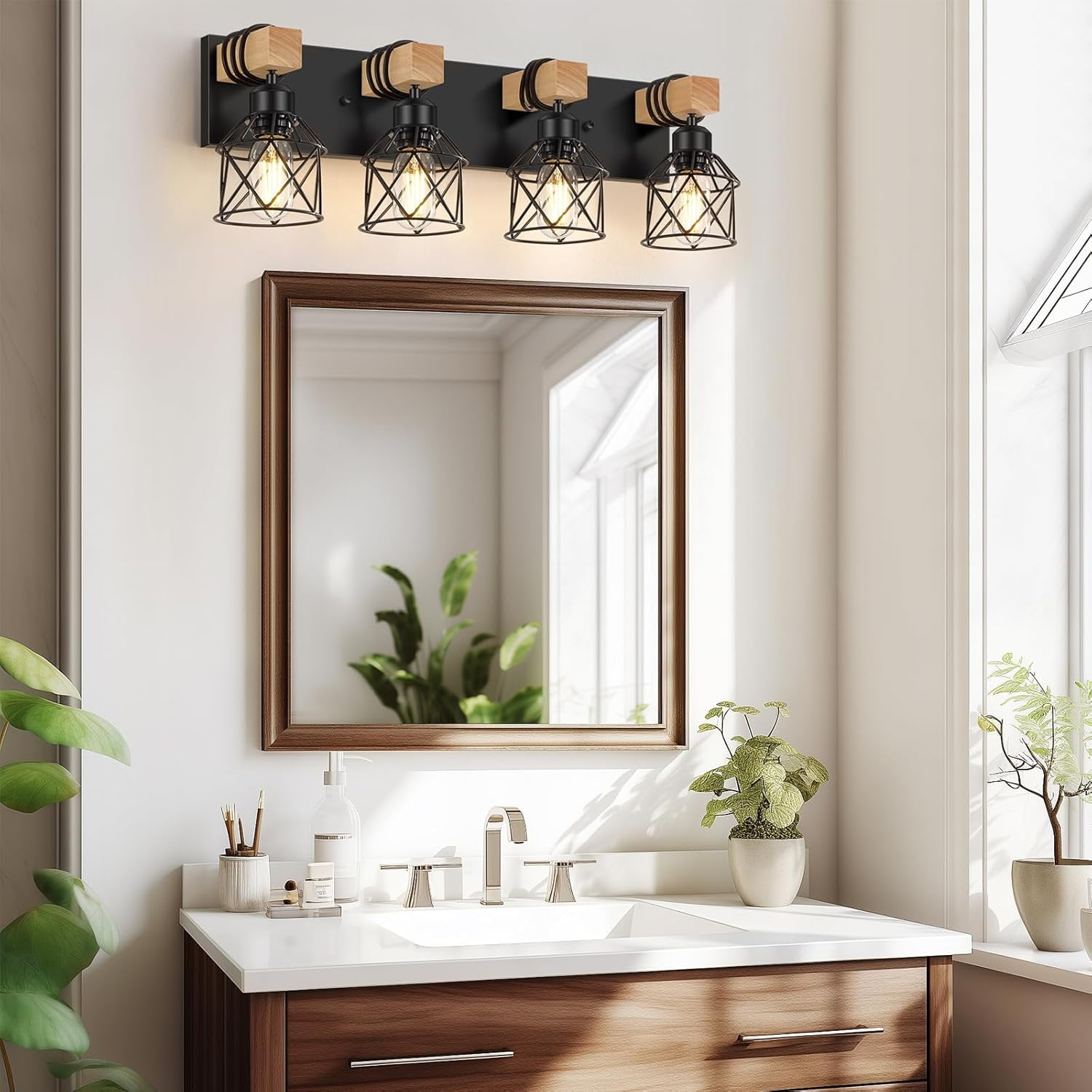 4-Light Farmhouse Wood Bathroom Vanity Lights over Mirror with Metal Cage Lampshade Rustic Bathroom Light Fixtures for Mirror, Living Room, Bedroom, Hallway