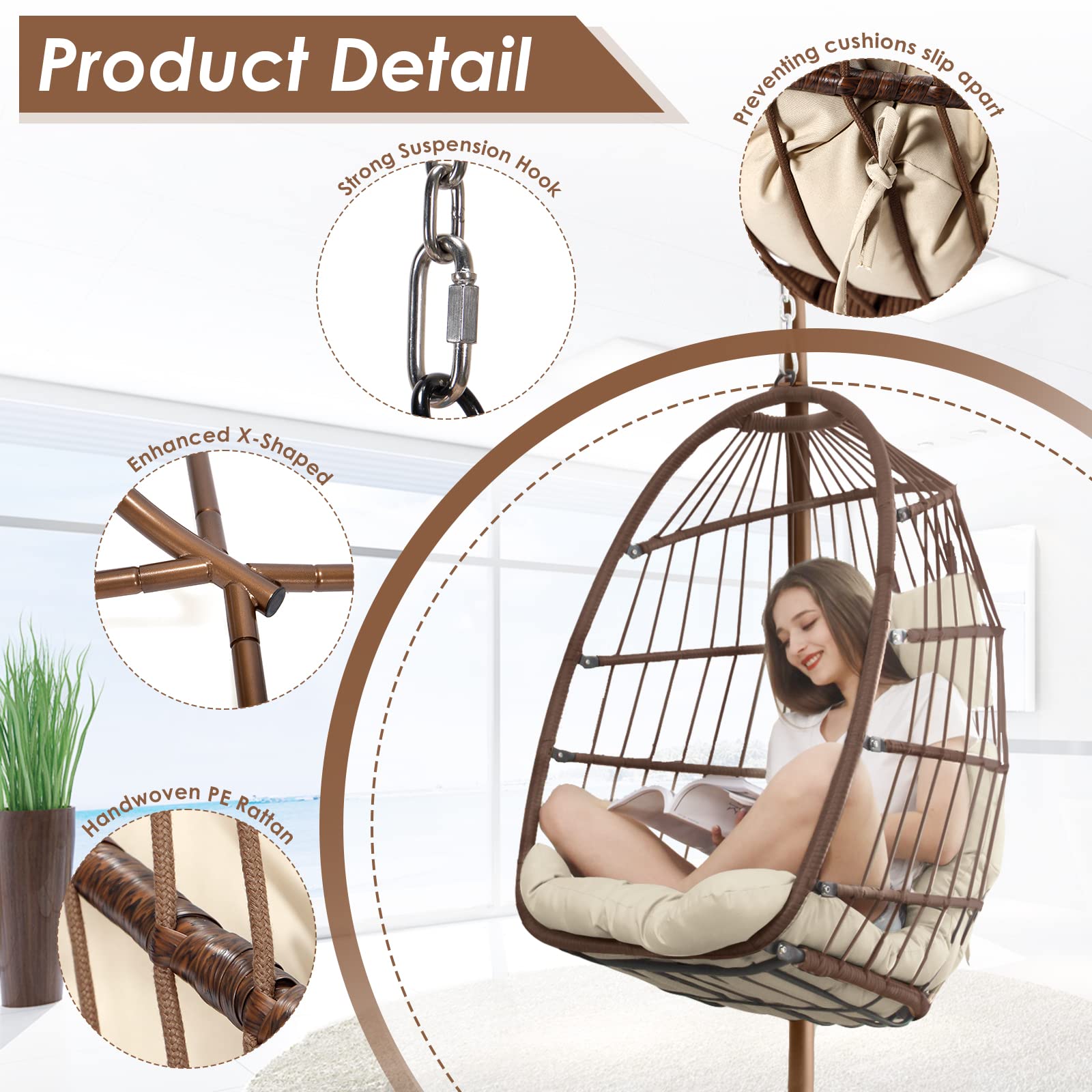 Nicesoul Foldable PE Wicker Brown Hanging Egg Chair With Stand Swing Chair With Cushion and Pillow Capacity 350lbs - image 5 of 8