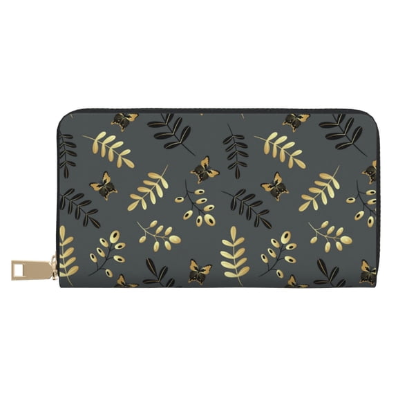 Leather Thin Slim Wallets for Women Men - gold black butterflies twigs Clutch Card Wallet for Women Men with Zipper