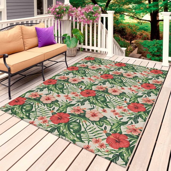 Tropical Botanical Outdoor Rug 5x7 Ft, Non Slip Washable Area Rug, Summer Red Pink Floral Botanical Patio Rugs Carpet Runner, Large Floor Mat for Indoor/Outdoor Deck Porch Camping