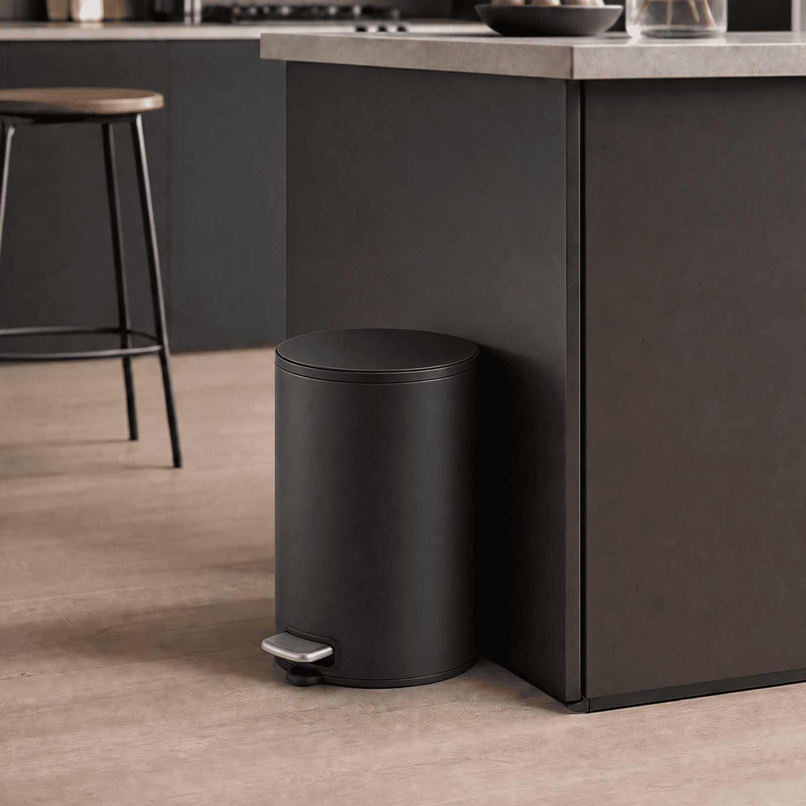 Simplykleen 5L/1.32 Gallon Round Step Trash Can Small Stainless Steel Bathroom Garbage Can with Removable Inner Bucket for Bathroom, Bedroom, Office, Black