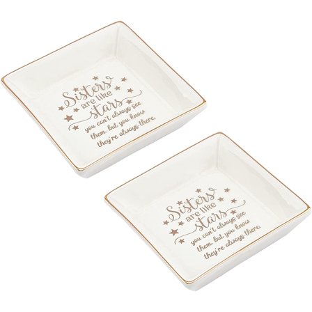 2 Pcs Porcelain Jewelry Plate with Golden Rim & Words (Sisters are Like Stars) 4 x 4 Inch Ceramic Ring Dish Decorative Trinket Plate Jewelry Tray Display Organizer for Sister Birthday