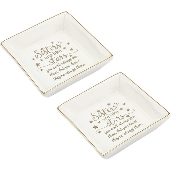 2 Pcs Porcelain Jewelry Plate with Golden Rim & Words (Sisters are Like Stars) 4 x 4 Inch Ceramic Ring Dish Decorative Trinket Plate Jewelry Tray Display Organizer for Sister Birthday DIY
