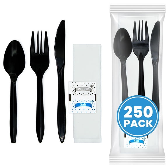 Individually Wrapped Plastic Cutlery Set with Napkin Salt & Pepper Packets in Black (250 Count) Prewrapped Disposable Silverware Bags, Bulk Utensils: Fork, Knife, and Spoon for Togo Eating