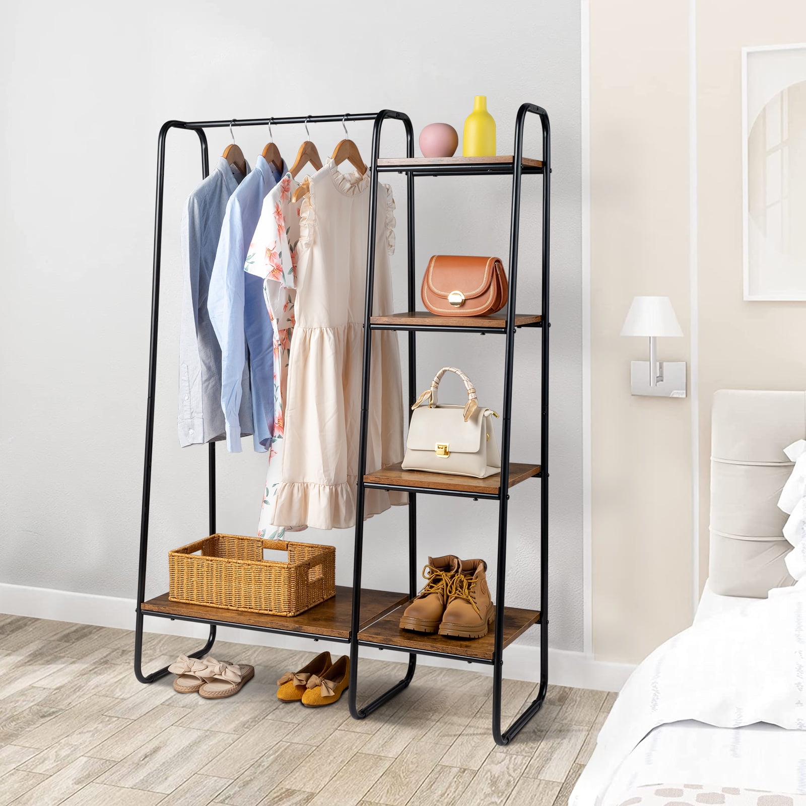 Clothes Rack with 5 Wood Shelf Freestanding Clothing Rack Garment Rack, Metal Sturdy Clothing