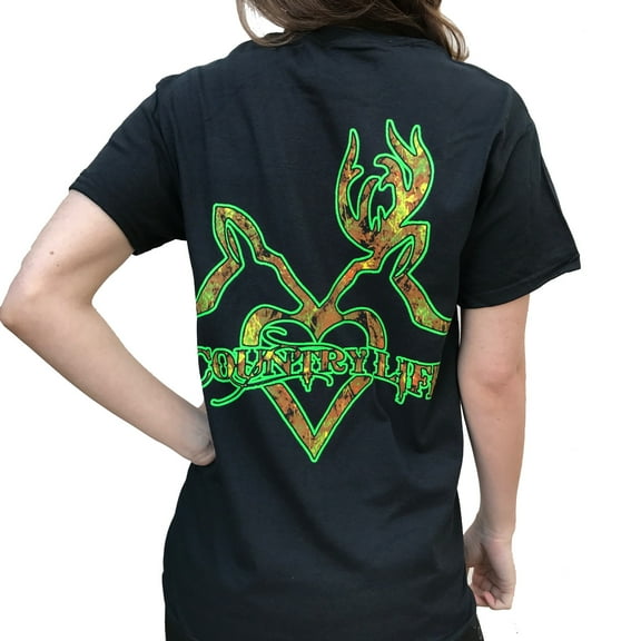 Country Life Kissing Deer Black and Green Short Sleeve Shirt (Medium)