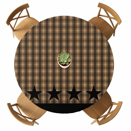 Round Fitted Tablecloth with Elastic Black Stars Buffalo Plaid Tablecloths Waterproof Oil Proof Brown Checkered Table Cover for Kitchen Dinner Party Picnic Fits Tables up to 36 - 44 Diameter