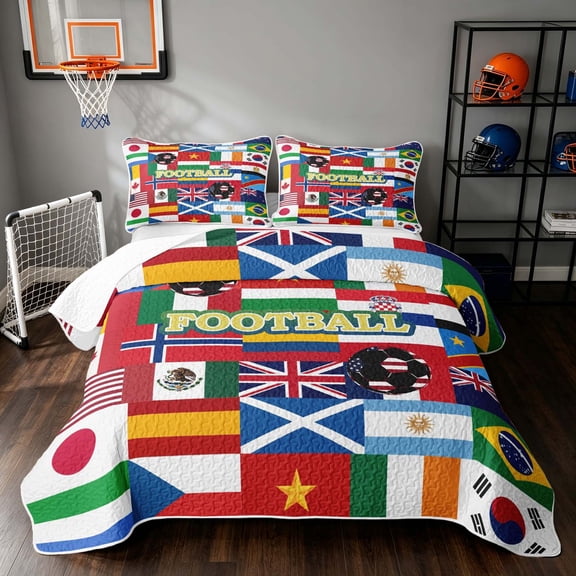 Manfei Football Sport Twin Quilt Set, National Flags Twin Coverlet Set, Multicolor Red Blue Green, Polka Dots Reversible 2 Pieces, 1 Bedspread and 1 Pillowcase