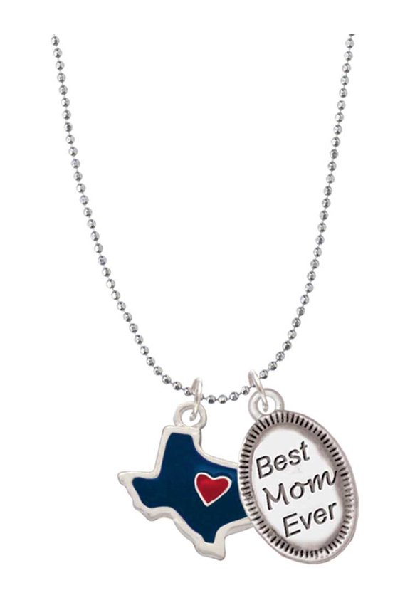 Silvertone Blue Texas with Red Heart Best Mom Ever Charm Necklace