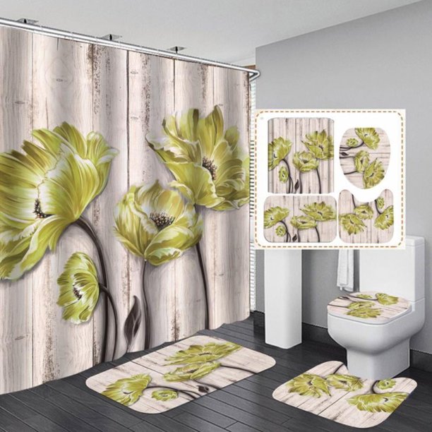 Juego de 4 cortinas de ducha con estampado creativo, elegante juego de baño con flores artísticas, cortina de baño de poliéster impermeable, alfombras de baño antideslizantes, alfombra de baño y