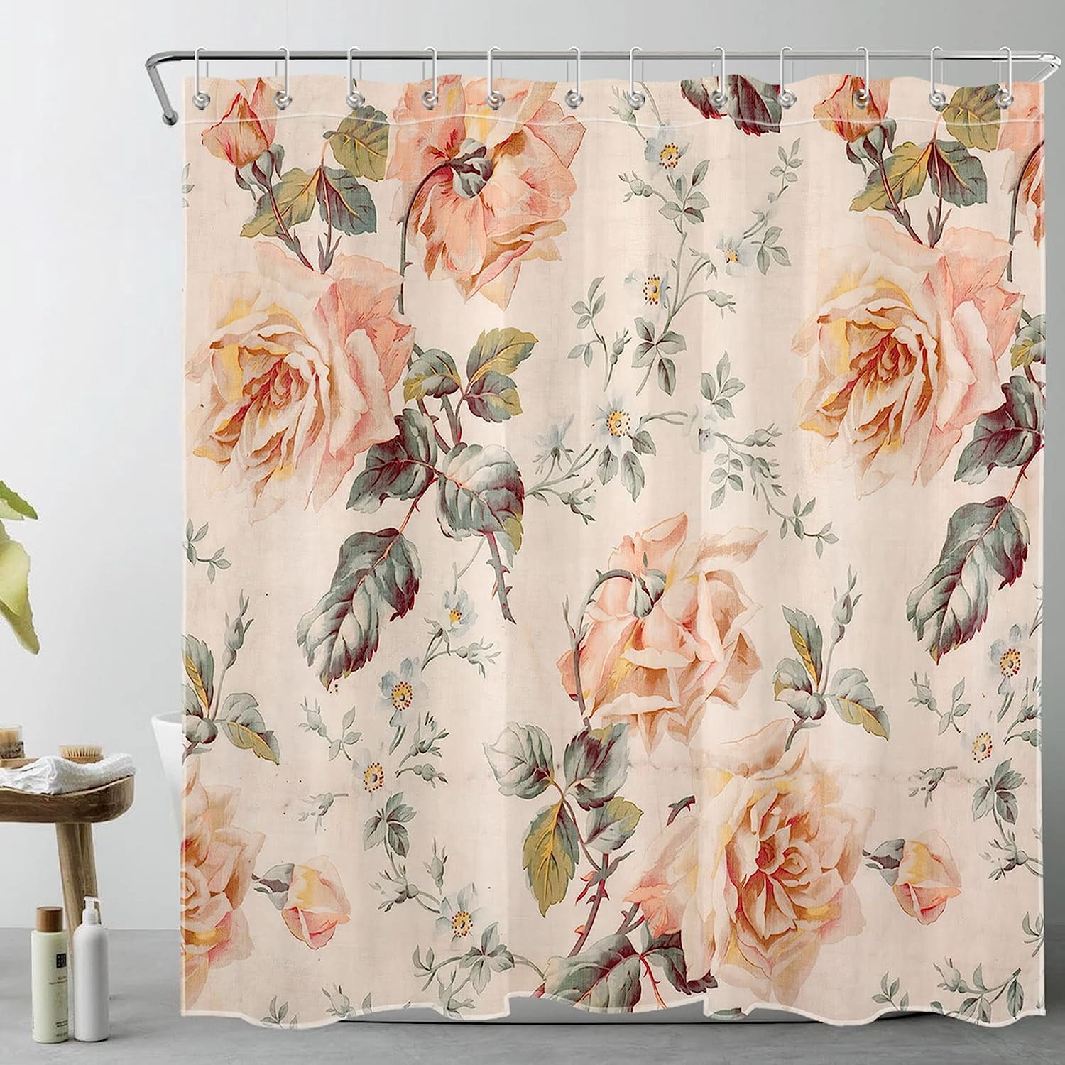 JOOCAR Vintage Floral Shower Curtain Pink Flower Green Leaf Shower
