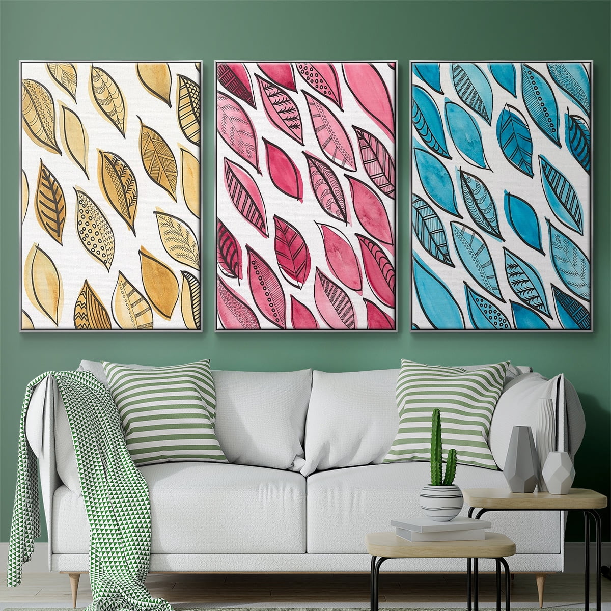 Patterned Leaf Shapes I - Framed Premium Gallery Wrapped Canvas L Frame 3 Piece Set - Ready to Hang