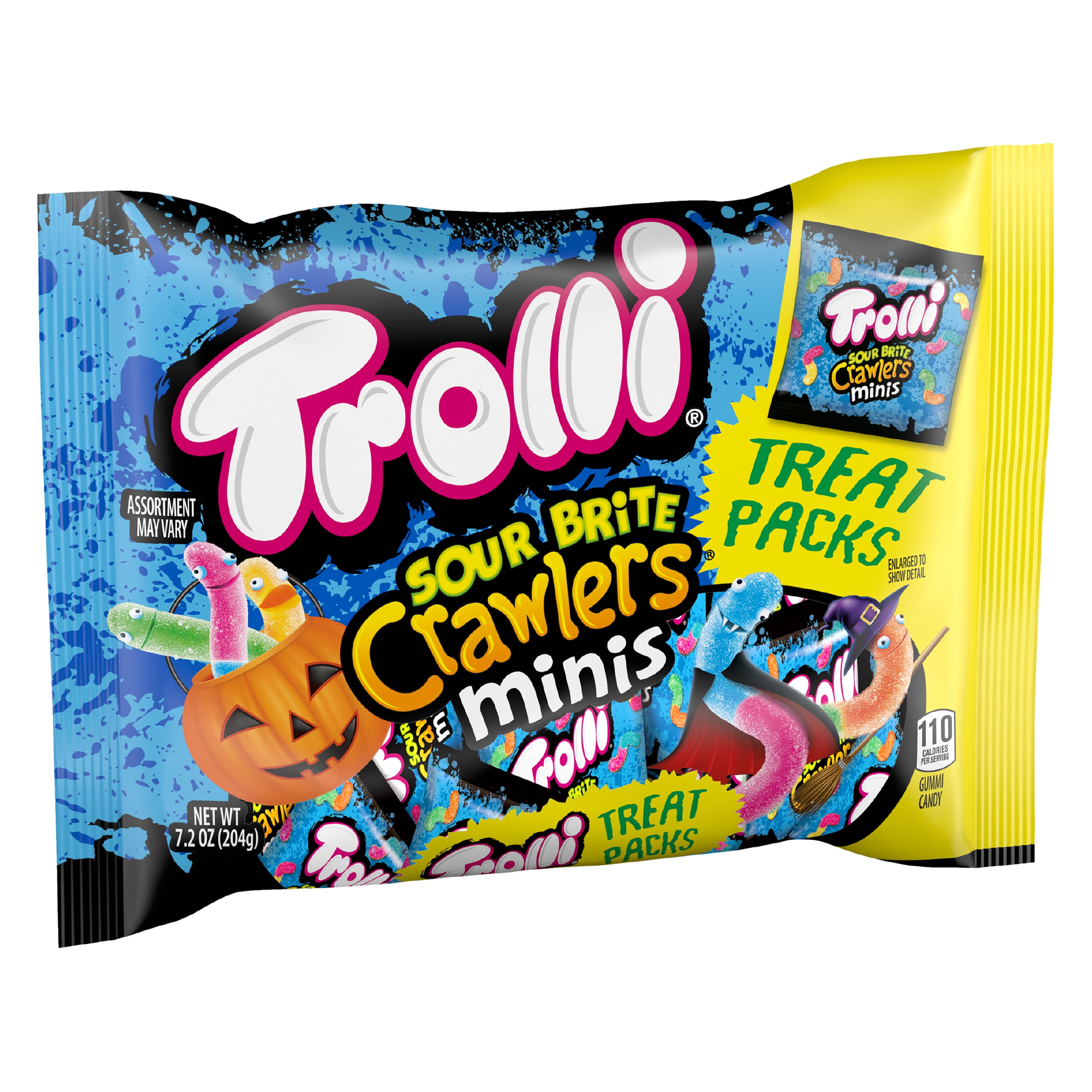 (3 pack) Trolli Sour Brite Crawlers, Halloween Sour Candy Treat Packs, 7.2 oz Bag, 12 Count