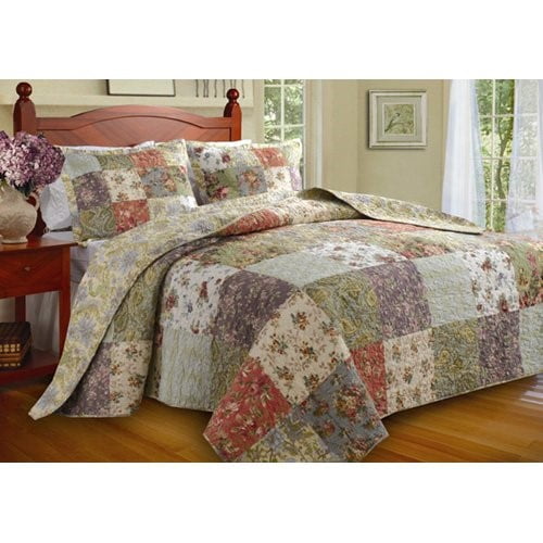 Details about   Linen Plus Over Size Quilted Bedspread Set Floral Aqua Blue Taupe White New Kin 