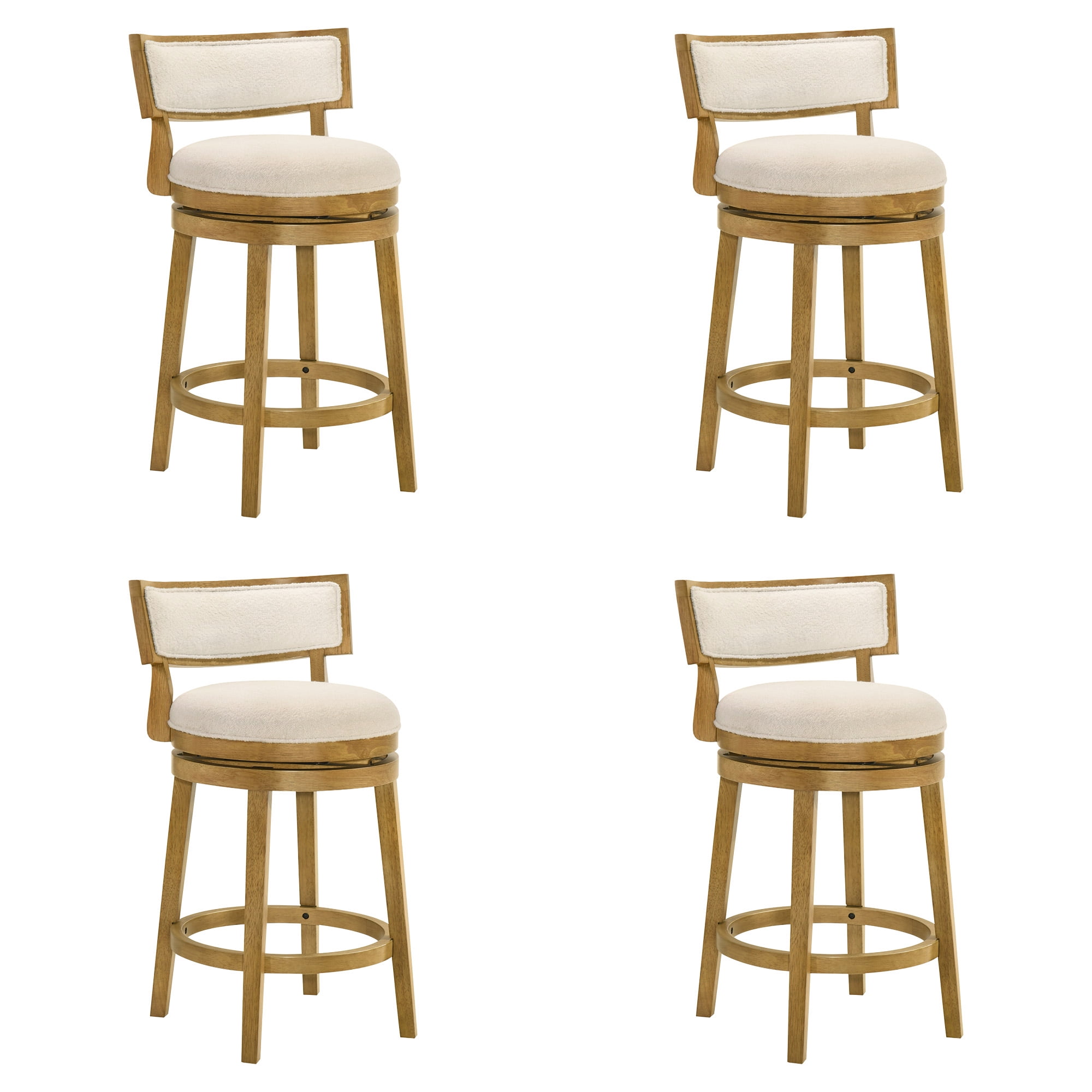 Noely Modern Farmhouse Swivel Wood Counter Height Kitchen Bar Stool in Amber Glow Finish with White Boucle Fabric Upholstered Seat - Set of 4