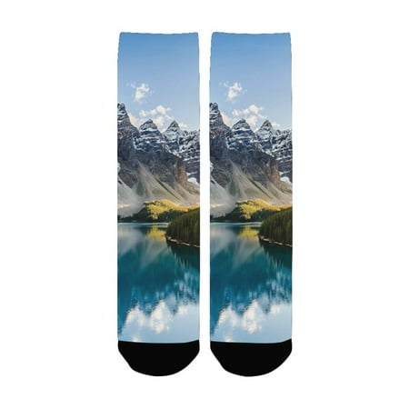 

Lake House Decor Landscape of Moraine Lake and Mountain at Sunset Pine Tree Natural Beauty Blue Gree Women s Custom Socks (Made In USA)