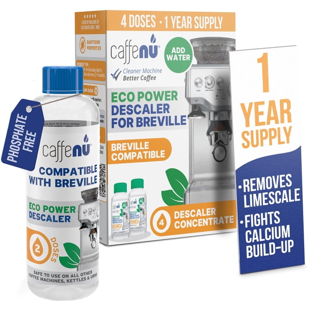 Caffenu Descaler Compatible with Breville. 2 Bottles of Solution. Descaling Kit Removes Limescale For Hotter Coffee. 4 Uses Descaler For Breville Coffee Machines.