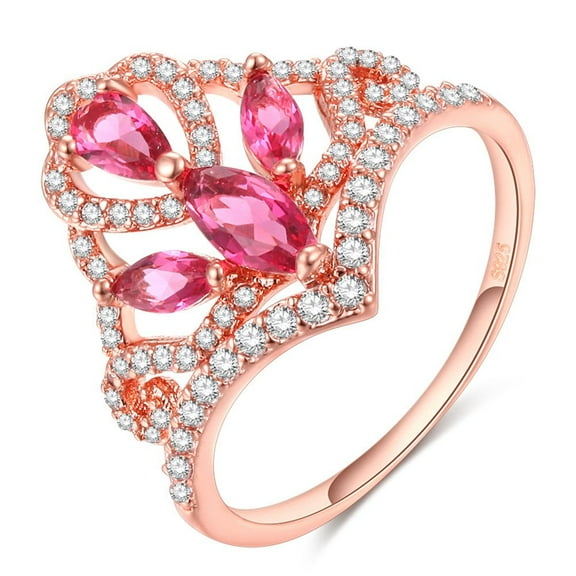 Uloveido Rose Gold Plated Marquise Cut Pink CZ Princess Crown Tiara Ring for Women (Size 6)
