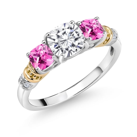 Gem Stone King 925 Silver and 10K Yellow Gold Moissanite Pink Created Sapphire and Diamond 3-Stone Ring for Women (1.82 Cttw, Cushion 6MM and 4MM, Size 8)