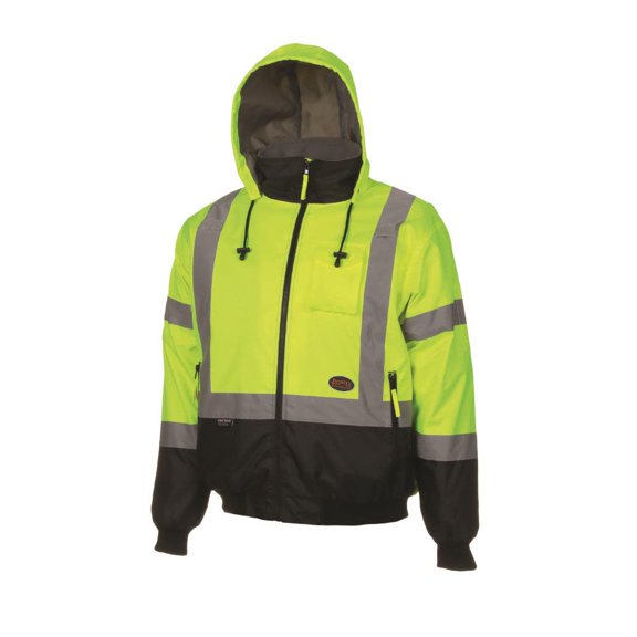 Pioneer High Visibility, Waterproof Pu-Coated Oxford Polyester Safety Bomber Jacket With Detachable Hood, Reflective Tape, Yellow/green, L