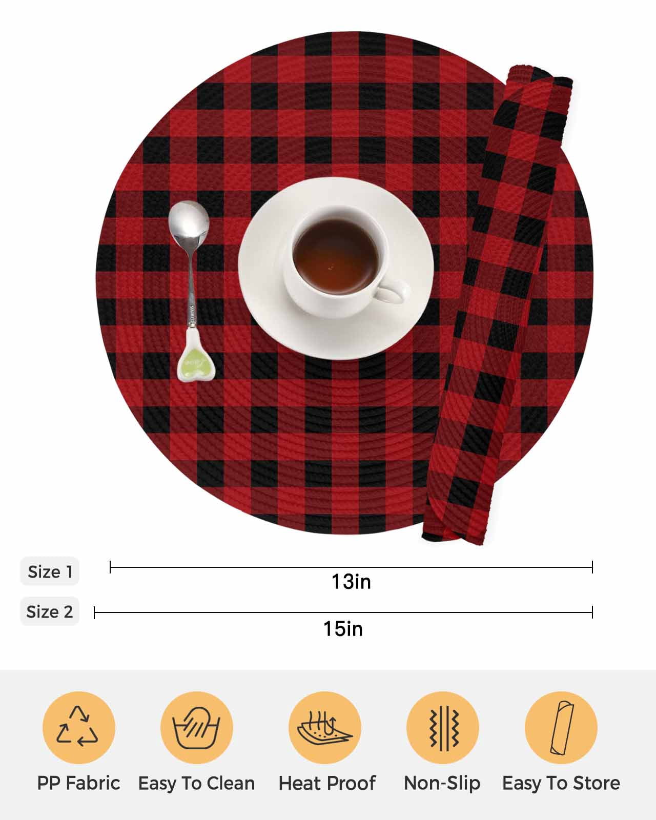 Round Placemats Set of 4 Christmas Buffalo Plaid Place Mats Washable Woven Placemat Red and Black Checkered Circle Braided Table Mat for Kitchen Dining Table Party Home Decor 15 Inch