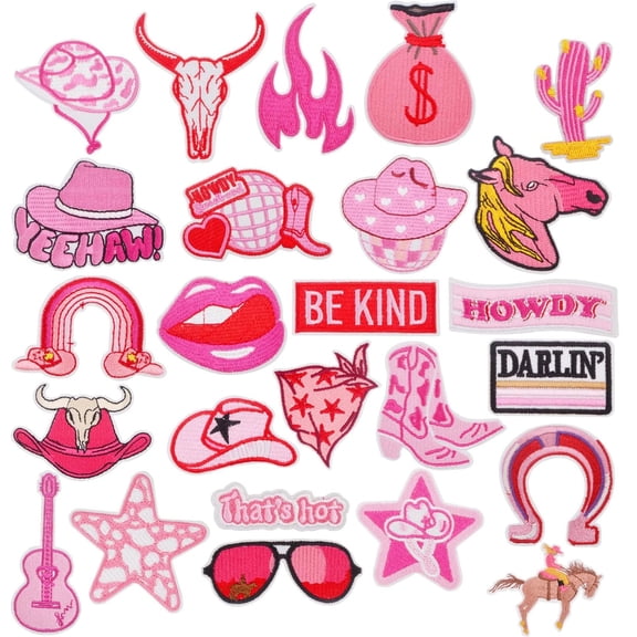 25pcs Western Cowgirl Iron on Embroidered Patches Cute Pink Themed Sewing Repair Appliques Craft Accessories for DIY Clothing Dress Jeans Jackets Backpacks Hats Decoration