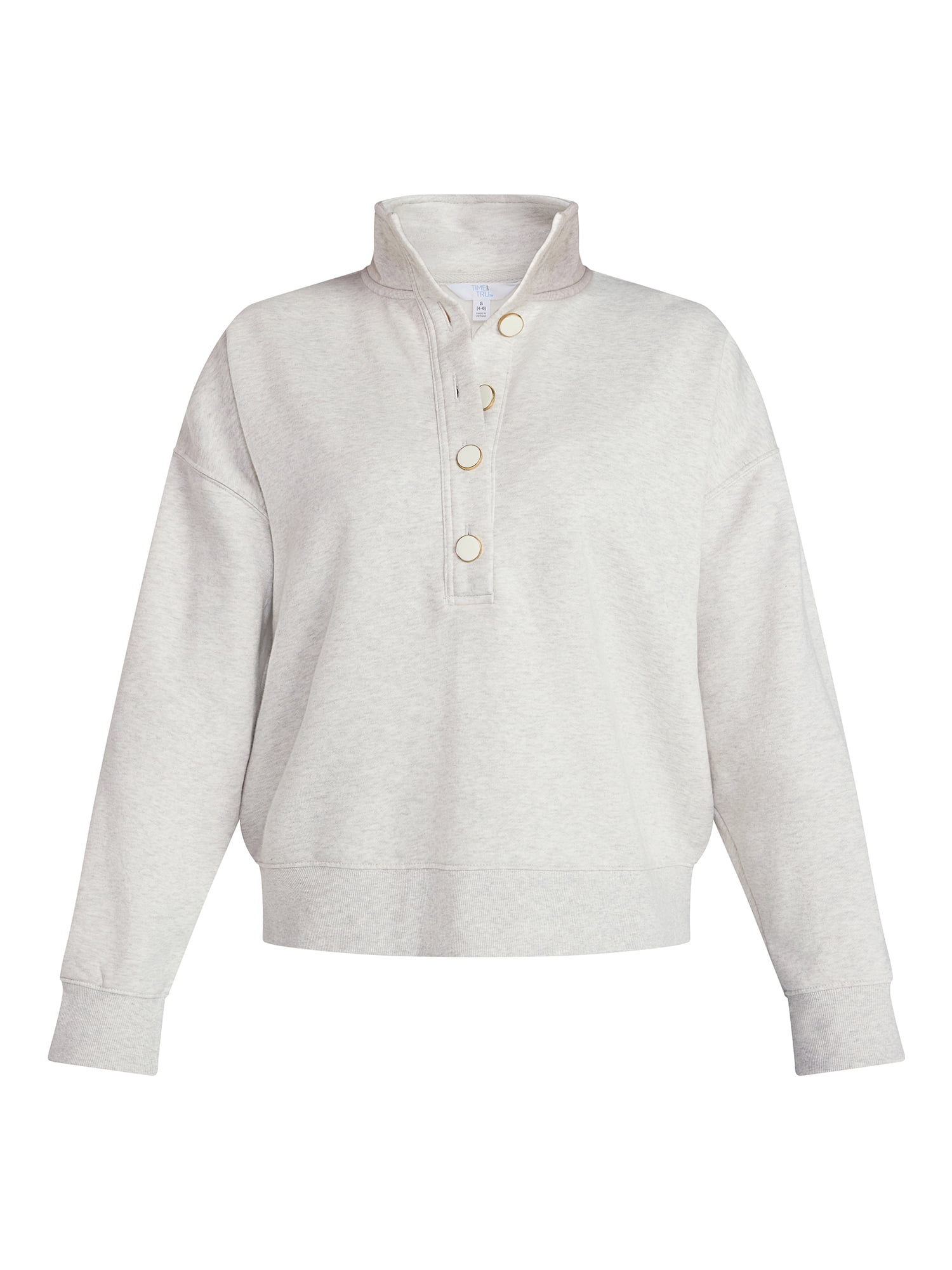 Time and Tru Women's Quarter Button Fleece Top with Long Sleeves, Size XS-XXXL